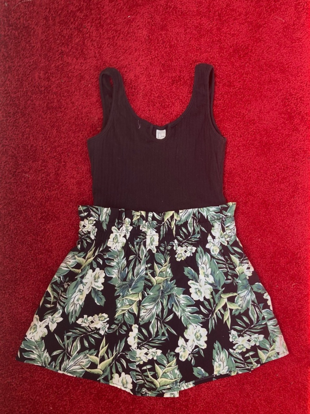 Black Tank Romper with Green Floral Bottoms Women’s Size Small Summer